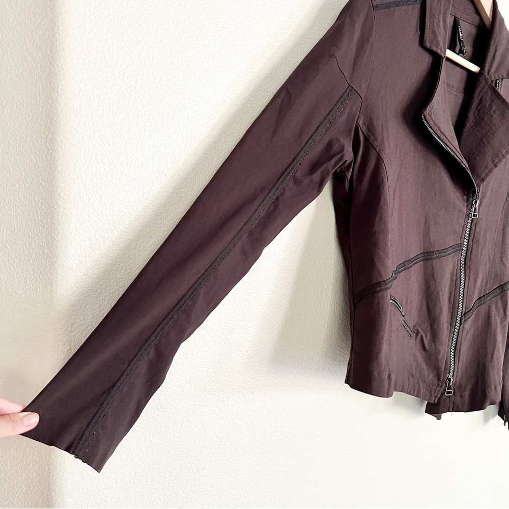 PORTO SF Asymmetrical Zip Contrast Seam Moto Jacket in Brown - Picture 6 of 7